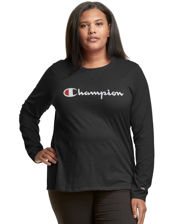 Champion Plus Classic Long-Sleeve Script Logo Kadın Tişört Siyah ( DFXCRL630 )